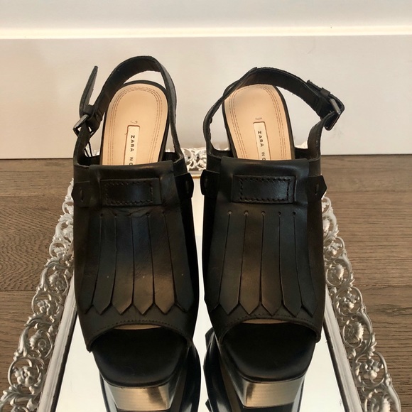 Zara Shoes - Zara Leather Fringe Chunky Platform Heels